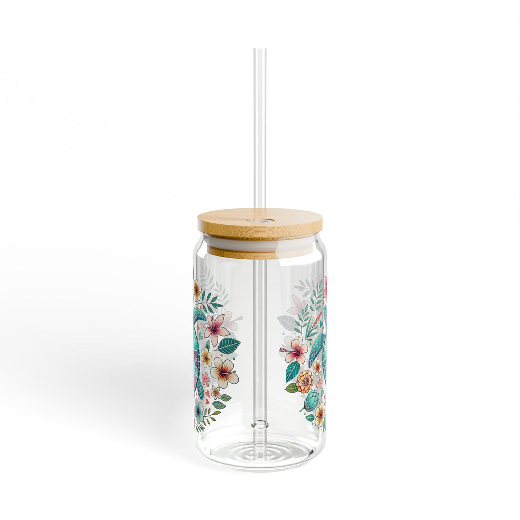 16oz Boho Floral Sea Turtle Sipper Glass