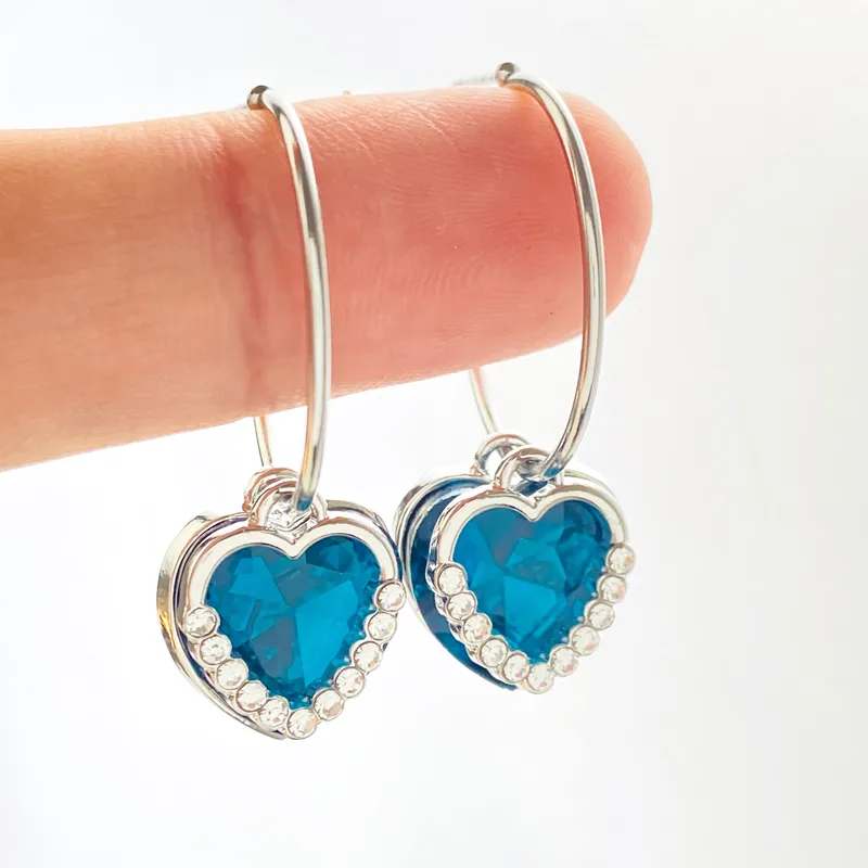 Blue Rhinestone Heart And Silver Heart Hoop Earrings