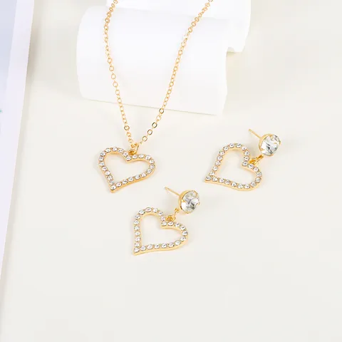 Gold Rhinestone Heart Necklace And Earring Set