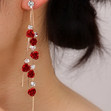 Load image into Gallery viewer, Rose And Rhinestone Long Tendril Earrings
