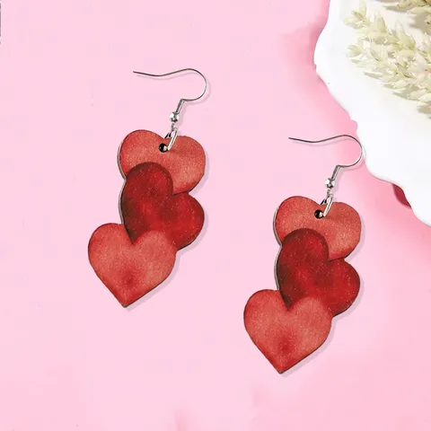 Wood 3 Tiered Heart Earrings