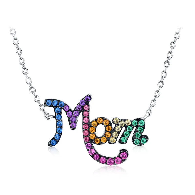 Sterling Silver Multi-Colored Rhinestone Mom Necklace