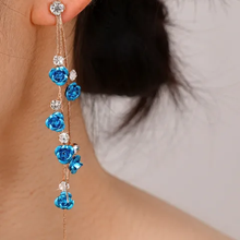 Load image into Gallery viewer, Rose And Rhinestone Long Tendril Earrings
