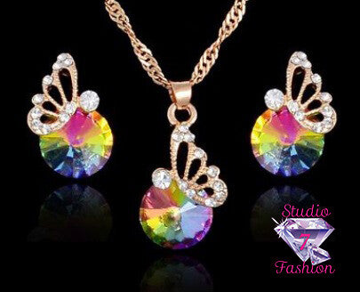 Rainbow Rhinestone Butterfly Necklace Earring Set