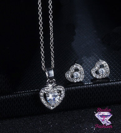 Double Rhinestone Heart Necklace Earring Set