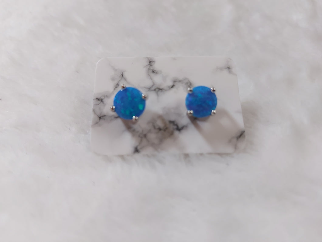 Sterling Silver Round Blue Lab Opal Stud Earrings