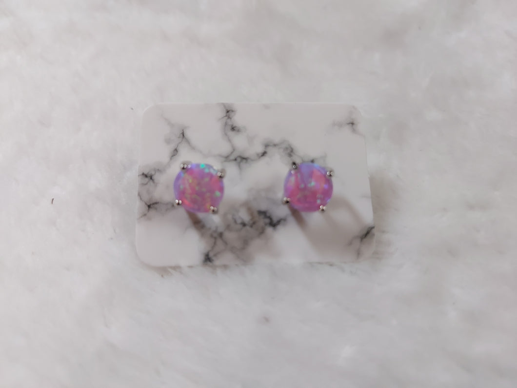 Sterling Silver Round Pink Lab Opal Stud Earrings