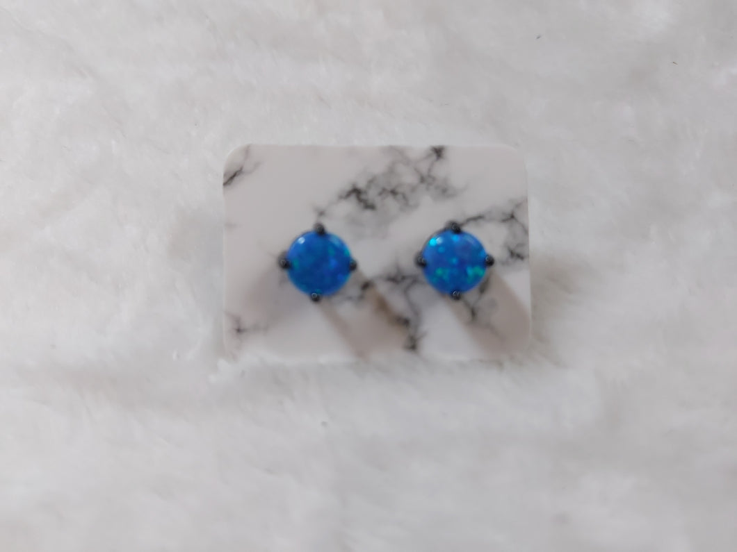 Sterling Silver Black Rhodium Plated Round Blue Lab Opal Stud Earrings