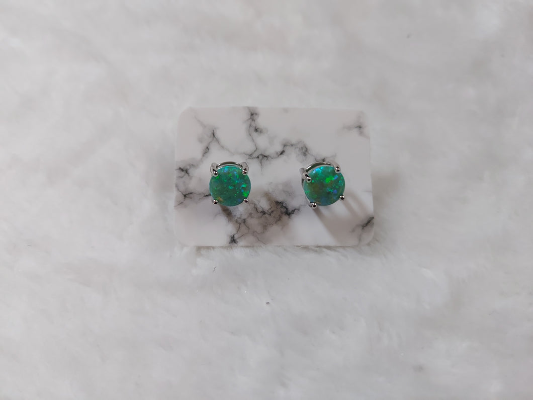 Sterling Silver Round Green Lab Opal Stud Earrings