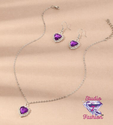 Amethyst Rhinestone Heart Necklace Earring Set