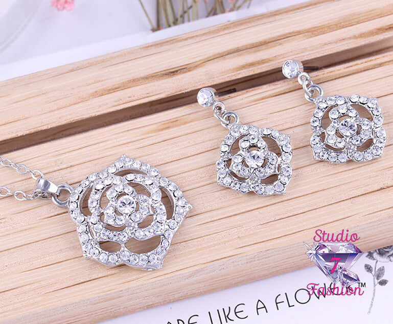 Rhinestone Roses Necklace Earring Set