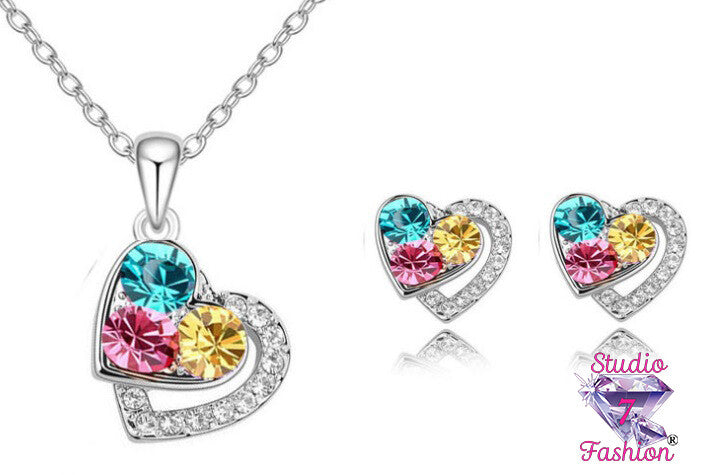 Multicolor Rhinestone Double Hearts Necklace Earring Set