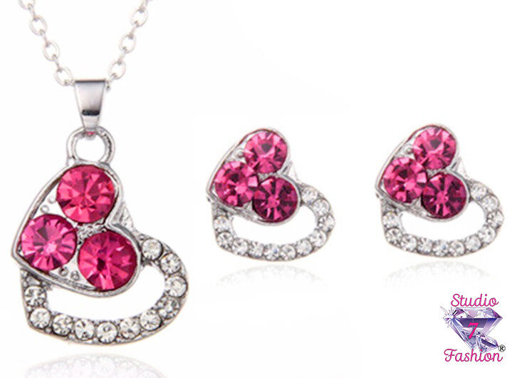 Ruby Rhinestone Double Hearts Necklace Earring Set