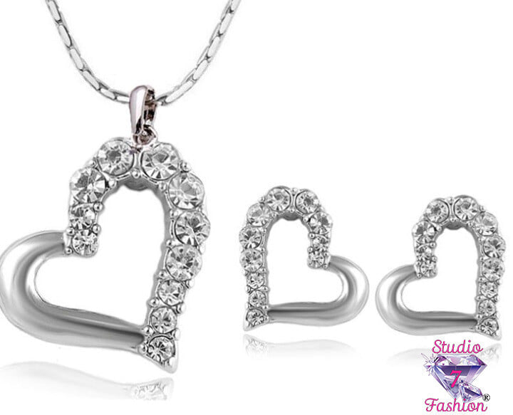 Rhinestone Hearts Necklace Earring Set