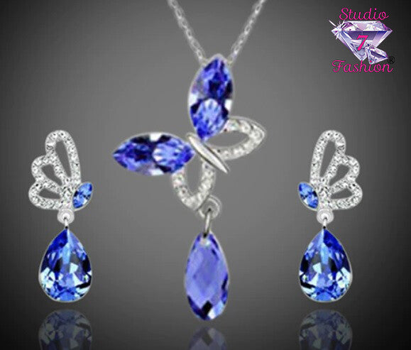 Sapphire Butterfly Necklace Earrings Set