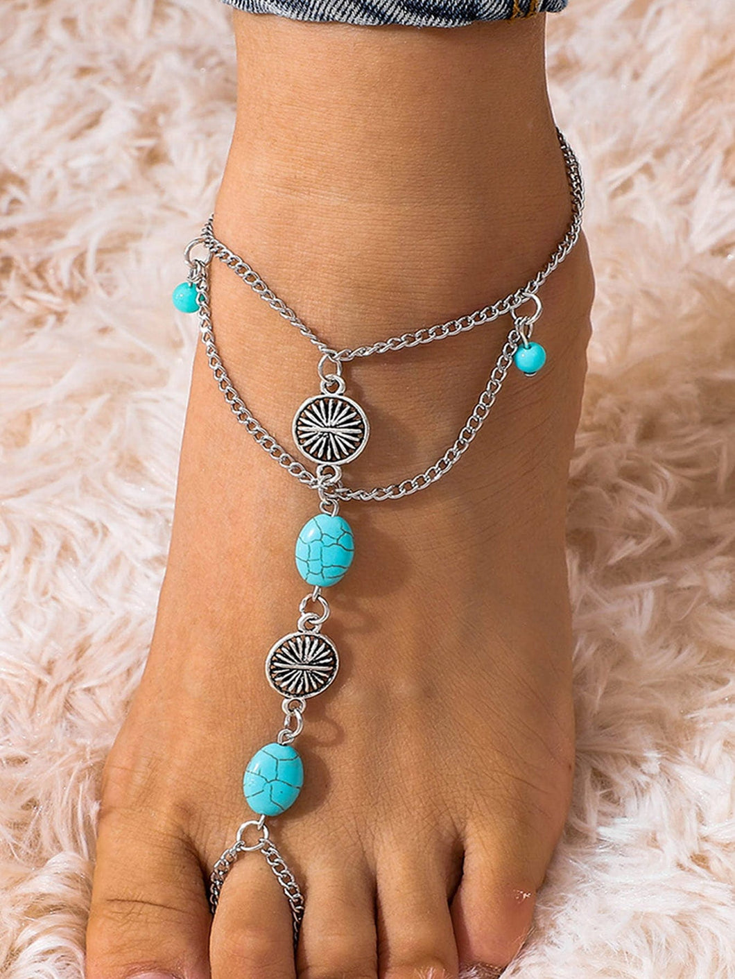 Turquoise Bead Toe Ring Anklet
