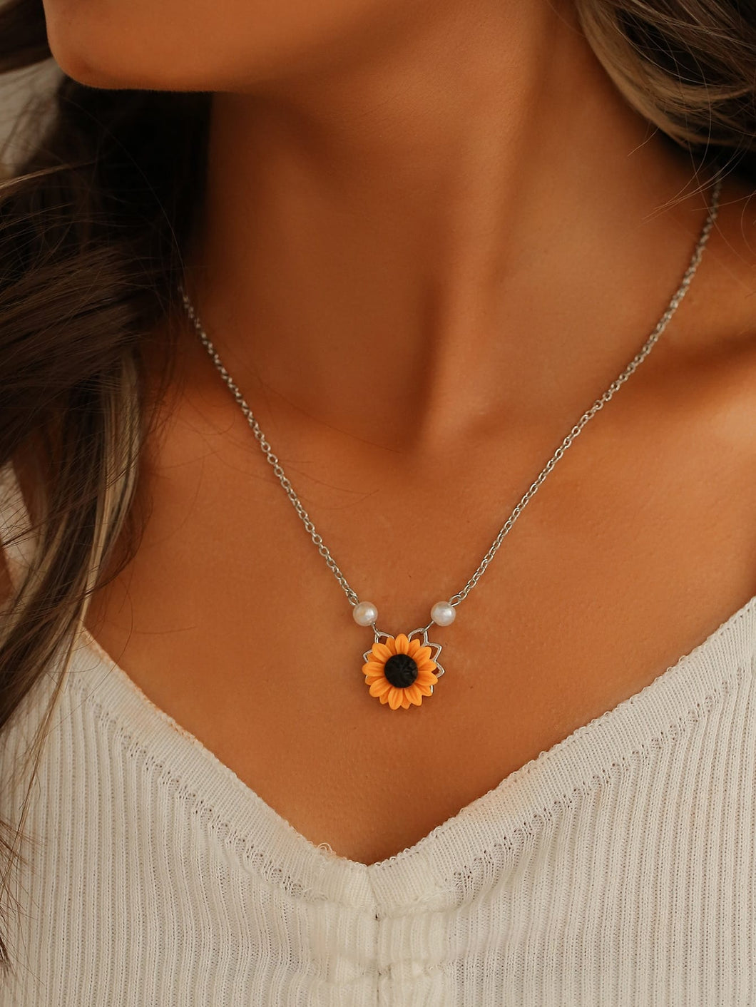 Faux Pearl Sunflower Charm Necklace