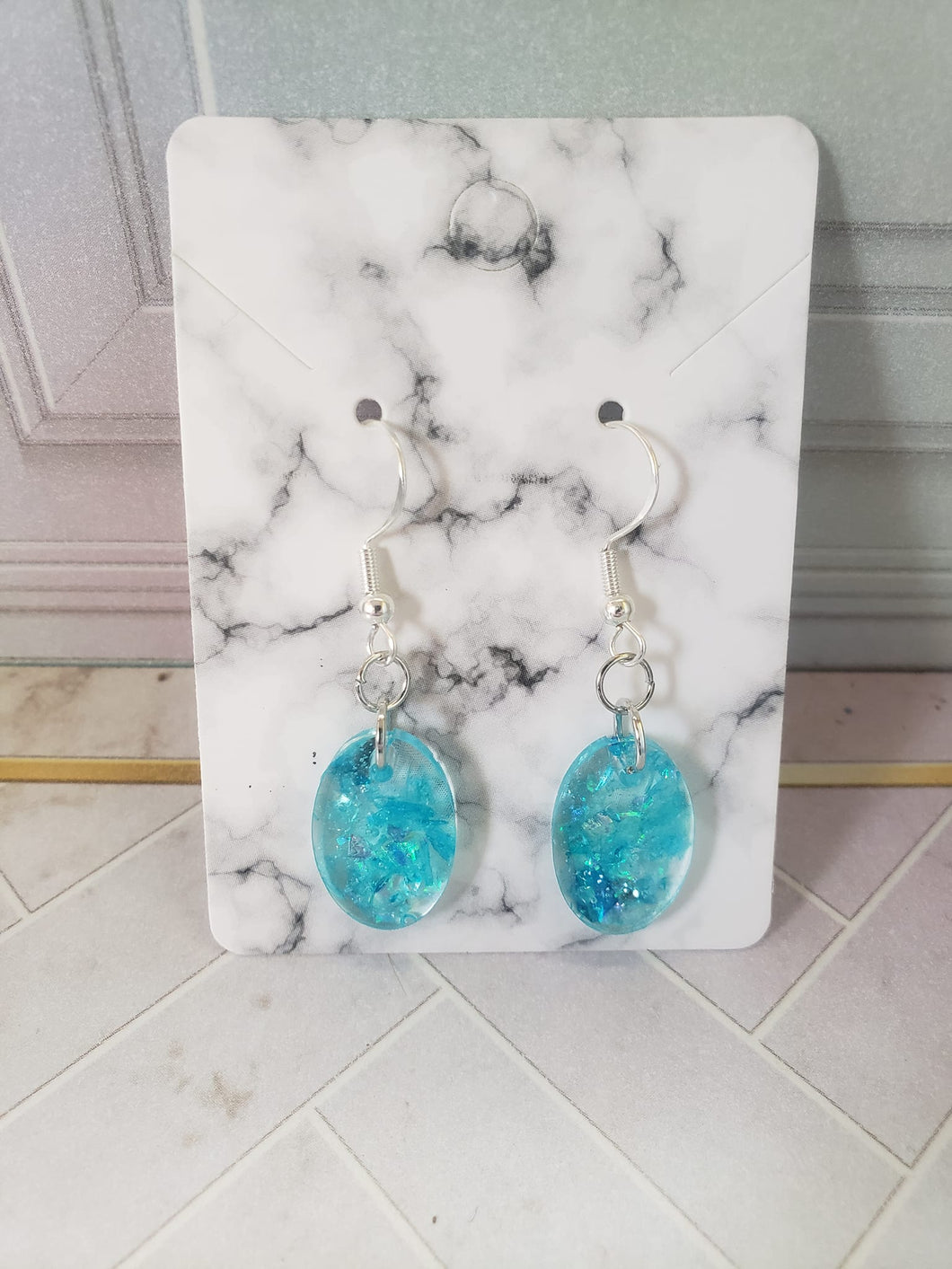 Blue Glitter Oval Resin Earrings